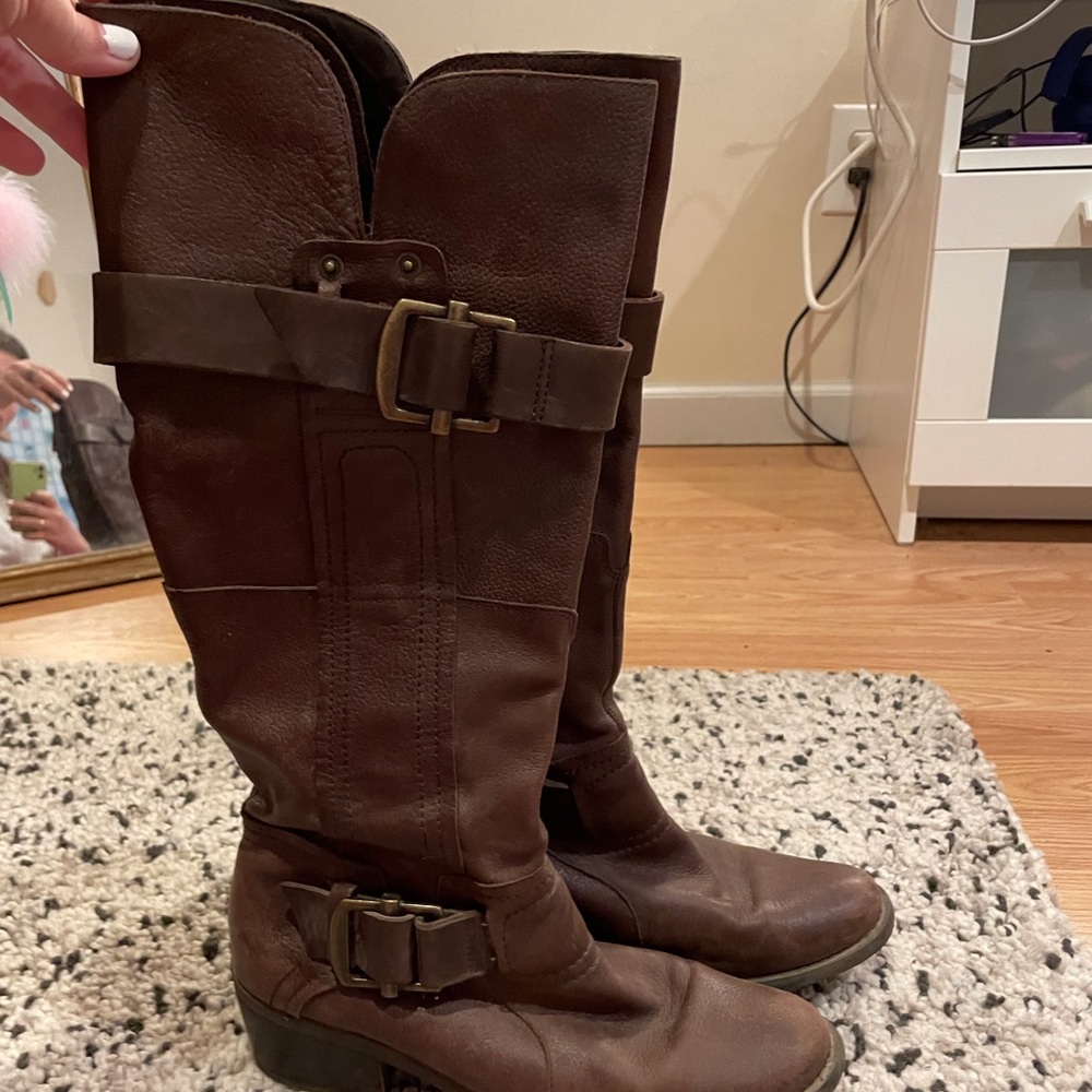 Brown leather knee high boots